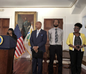 At a news conference where the territory street naming project was discussed, Shayla Solomon introduces Lt. Gov. Tregenza Roach, SIA Director Chris George and director of Corporations and Trademarks Denise Johannes. (Source photo by Susan Ellis)