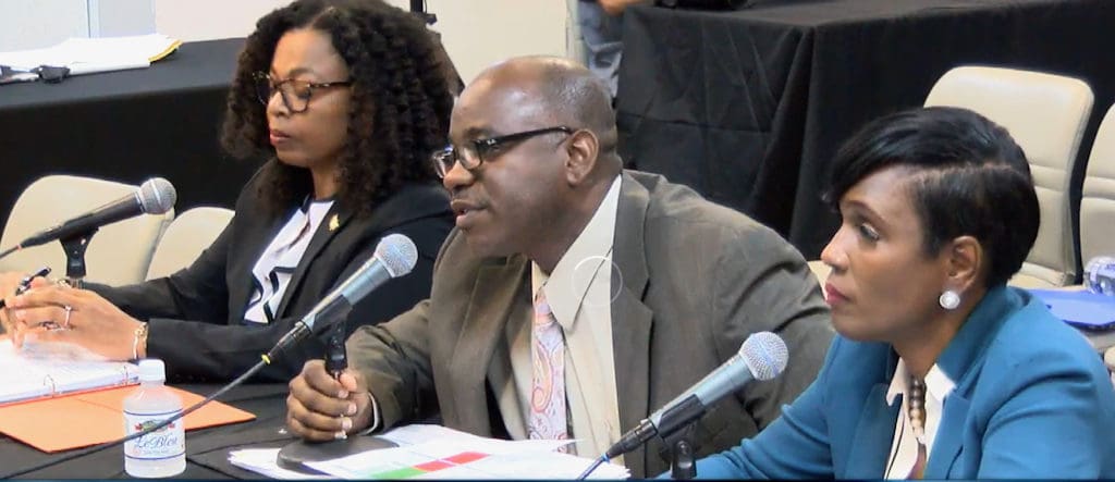 From left, Office of Management and Budget Director Jenifer O’Neal, Justice Department CFO Kaj Christopher and Attorney General Denise George. (V.I. Legislature photo)