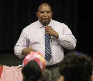 St. Croix District Insular Superintendent Carlos McGregor meets with parents of the affected schools Monday night. (Photo submitted by the Department of Education)