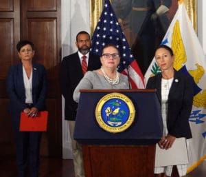 Health Commissioner Justa Encarnacion and Territorial Epidemiologist Dr. Esther Ellis answer questions about the territory’s ability to respond to a local coronavirus outbreak. (Source photo by James Gardner)