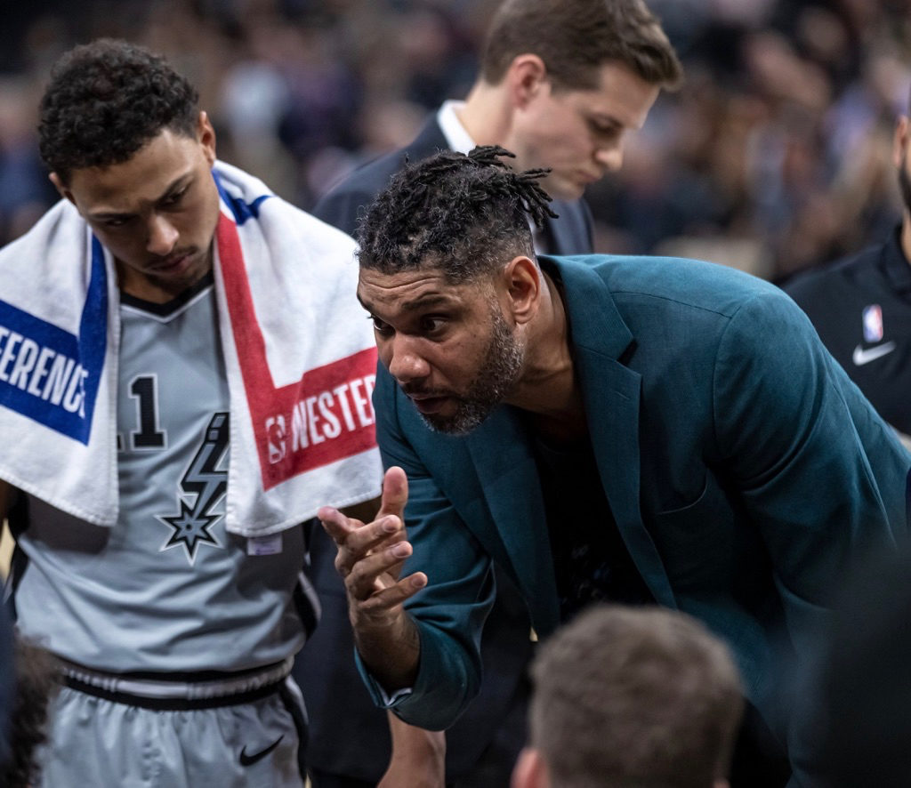 Tim Duncan speaks to the Spurs players during a game earlier this season. (Photo from San Antonio Spurs Facebook page)