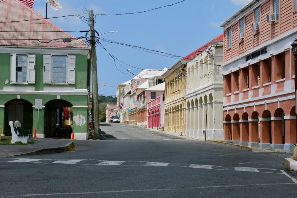 Almost no traffic was moving through Christiansted. Only a few vehicles were parked along King Street. (Source photo by Linda Morland)
