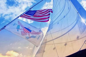 Wind fills the sails of a catamaran in the U.S. Virgin Islands. (Source photo Bethaney Lee)