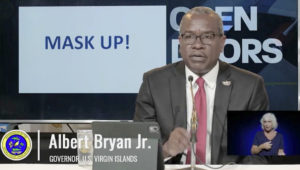 Gov. Albert Bryan, Jr. urges residents to ‘mask up’ to keep COVID-19 cases down in the territory. (Screen image from streamed event)