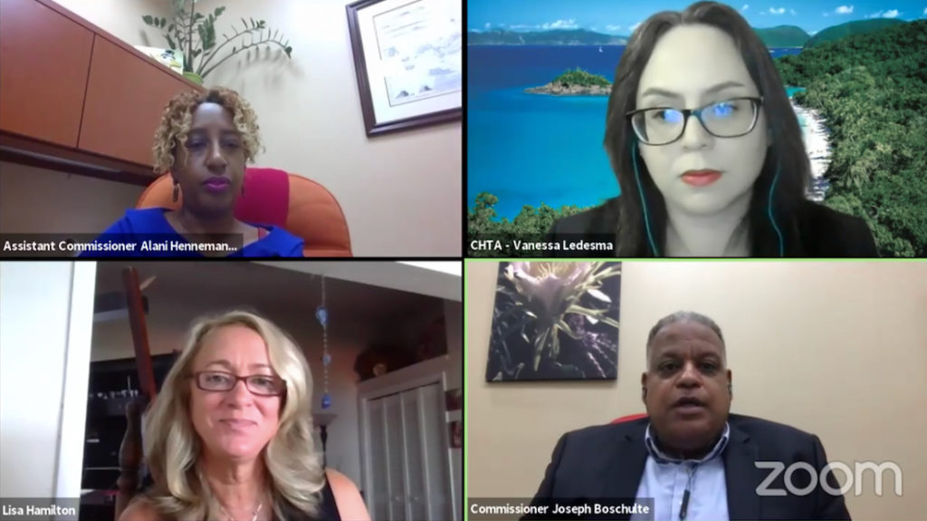 Members of the panel discuss the Virgin Islands protocols: clockwise from upper left, Assistant Commissioner Alani Henneman-Todman,CHTA Chief Operating Officer Vanessa Ledesma Commissioner Joseph Boschulte, and Lisa Hamliton, president of the USVI Hotel and Tourism Association. (Screen capture of streamed program)
