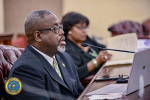 Department of Property and Procurement Commissioner Anthony Thomas defends the department’s FY 2021 budget during the Finance Committee budget hearing. (Photo by Barry Leerdam, V.I. Legislature)