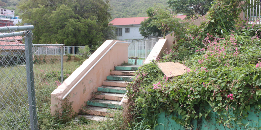 The steps leading down into the Savan Playground and Park are overgrown and in disrepair. (Source photo Bethaney Lee)
