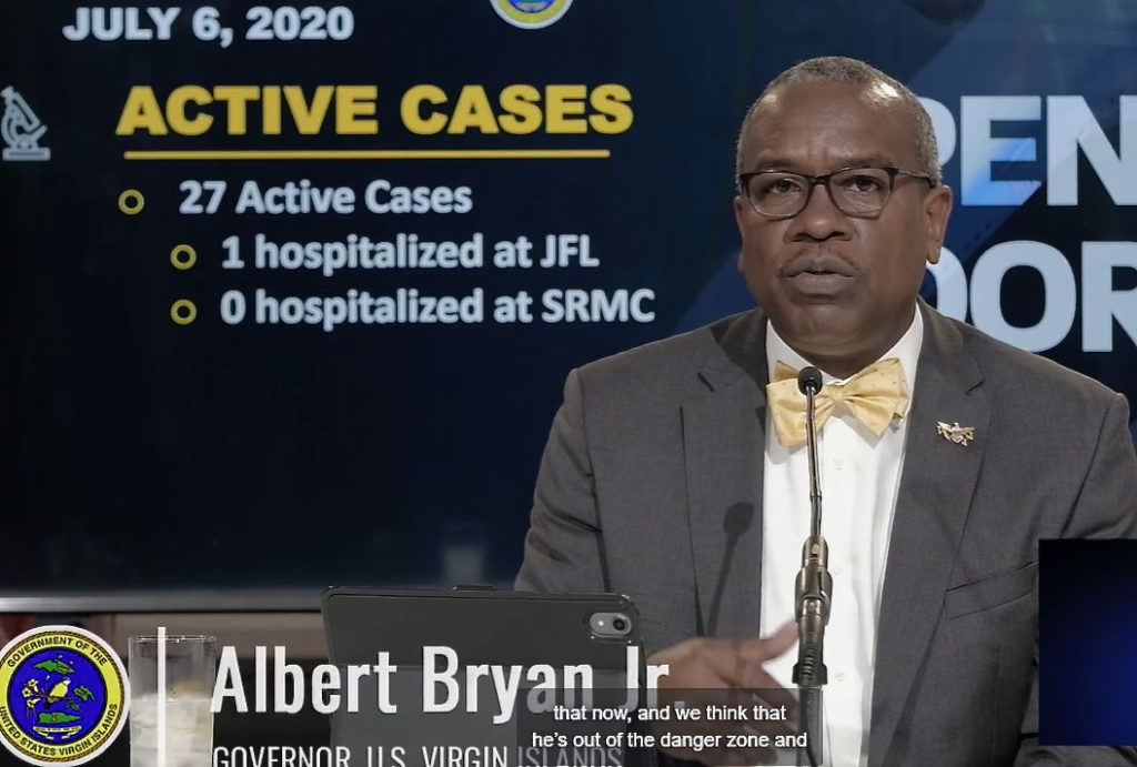 Gov. Albert Bryan, Jr. announces tighter restrictions for Limetree Bay employees as COVID-19 cases climb, along with additional screening for visitors coming in from states with high infection rates. (Screen capture)