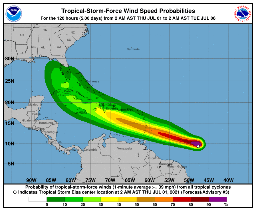 The USVI could see heavy winds from Tropical Storm Elsa Friday. (National Hurricane Center graphic)