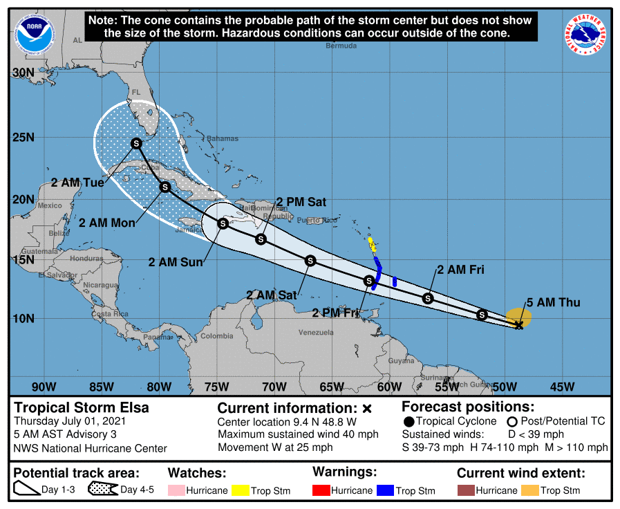 The USVI could see heavy winds from Tropical Storm Elsa Friday. (National Hurricane Center graphic)