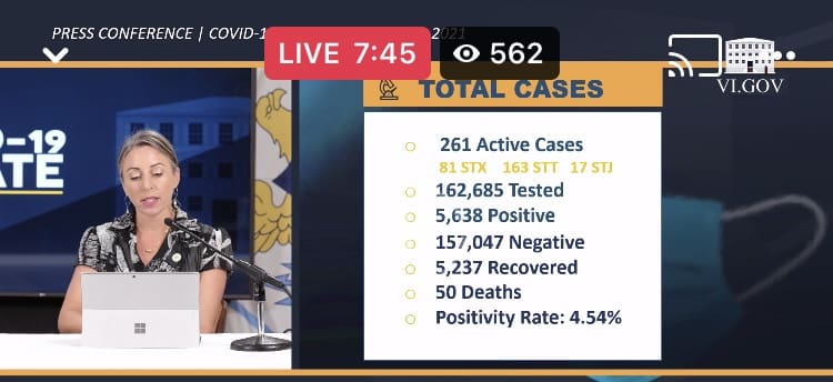 Territorial Epidemiologist Dr. Esther Ellis updates the public on the territory's COVID-19 data on Tuesday at the Government House press briefing. (Screenshot from Facebook)