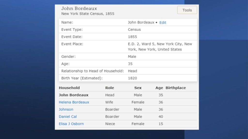 The 1855 census shows John Bordeaux living in New York with a wife and niece. (Image from the New York State Census, 1855)