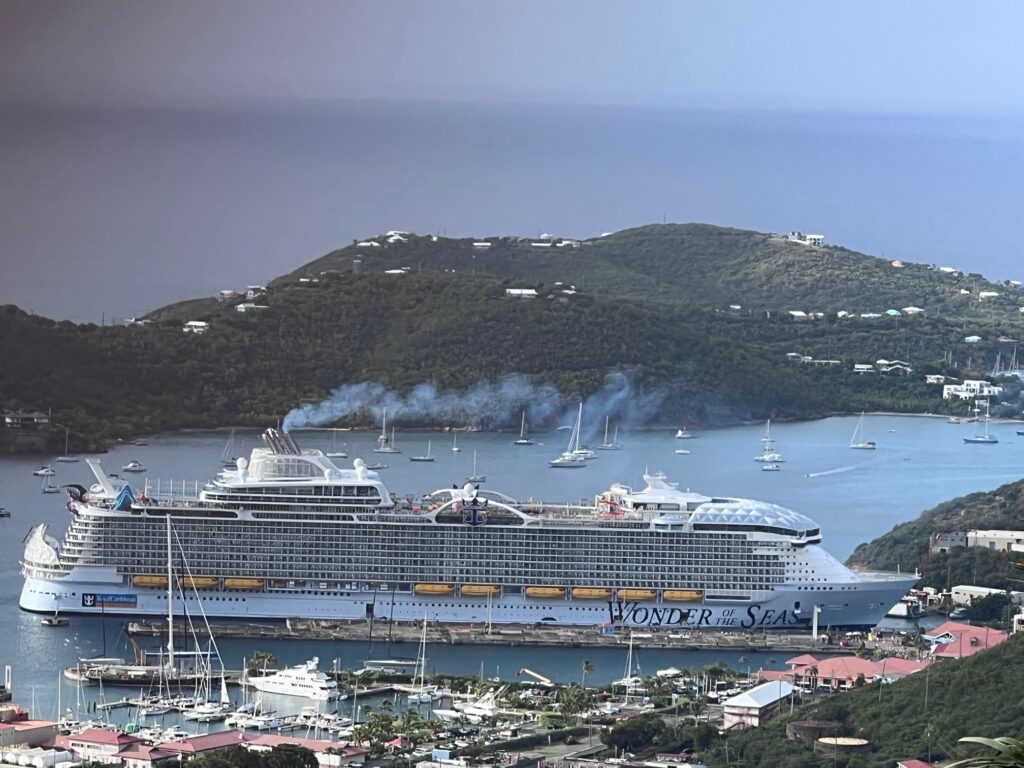 The massive Wonder of the Seas makes it safely to the dock Tuesday for its inaugural call on Crown Bay, St. Thomas. (Source photo by Michele Weichman)