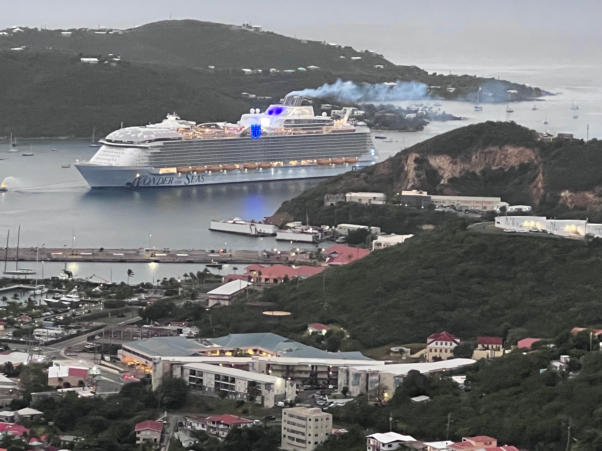 The Wonder of the Seas makes its way to the dock at Crown Bay, St. Thomas, early Tuesday morning. (Source photo by Michele Weichman)
