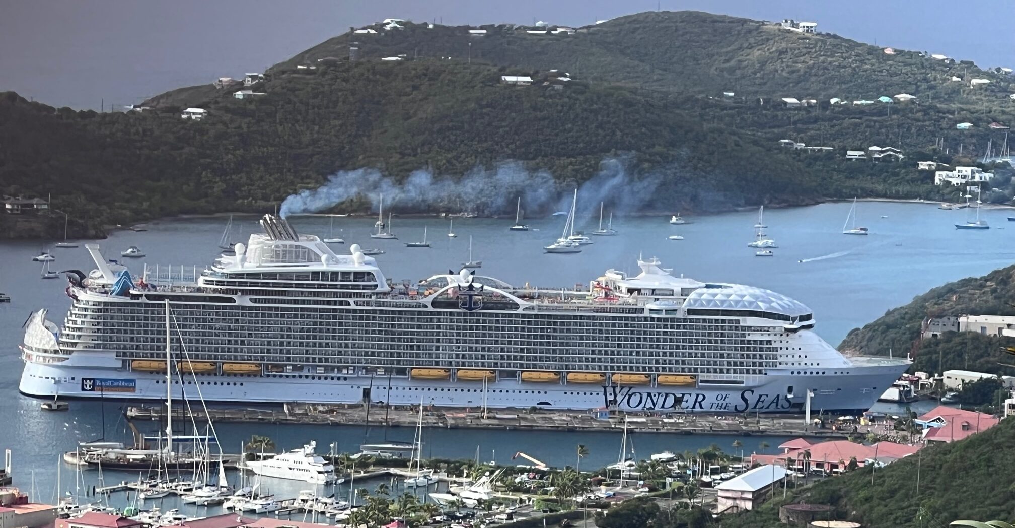 The massive Wonder of the Seas makes it safely to the dock Tuesday for its inaugural call on Crown Bay, St. Thomas. (Source photo by Michele Weichman)