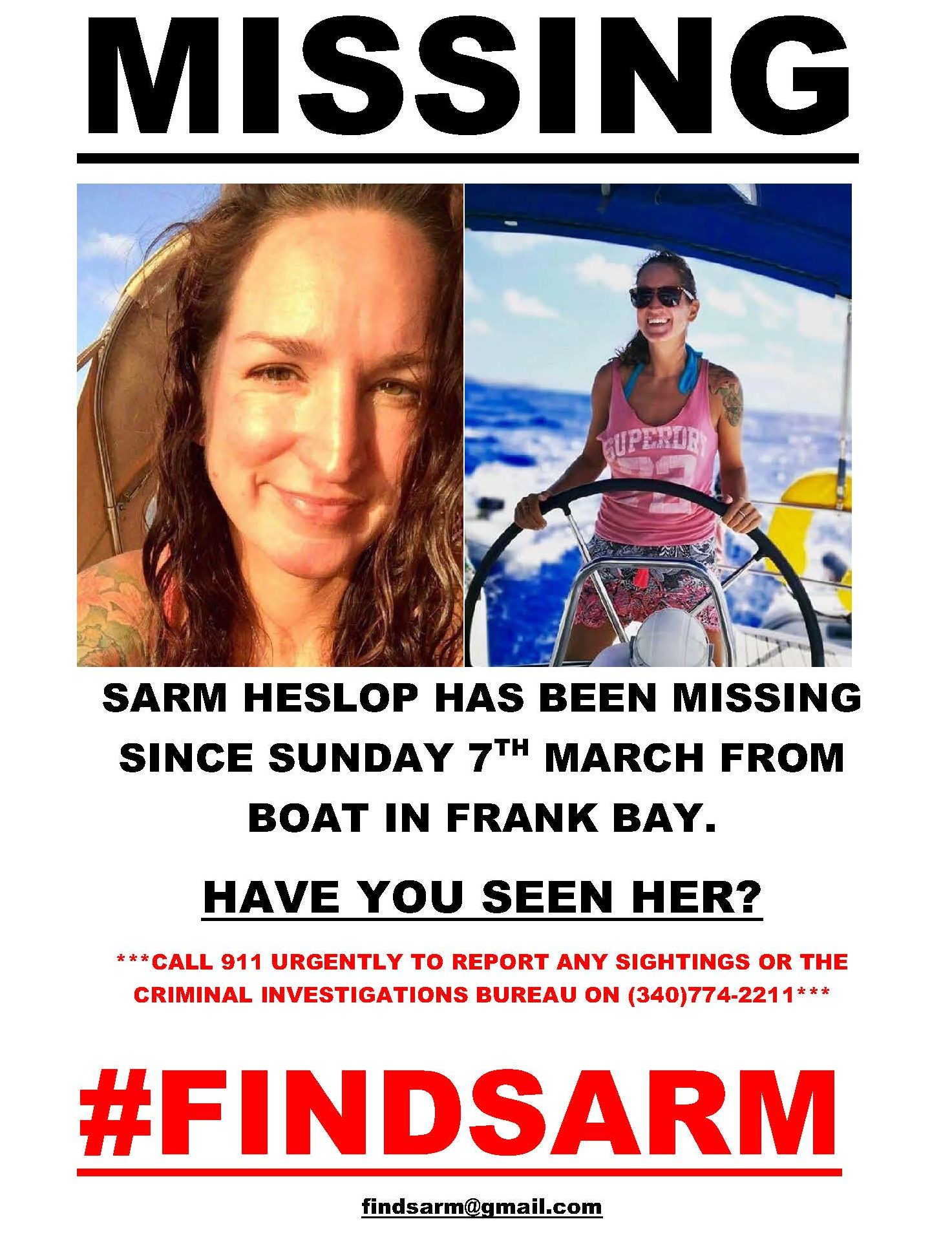 Sarm Heslop, the British woman who was reported missing from her boyfriend’s catamaran in Frank Bay, St. John, on March 8, 2021. (Poster courtesy of the Heslop family)