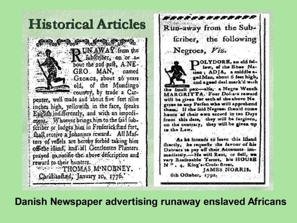 Danish newspaper ads concerning runaway enslaved people. (Image courtesy of Olasee Davis)