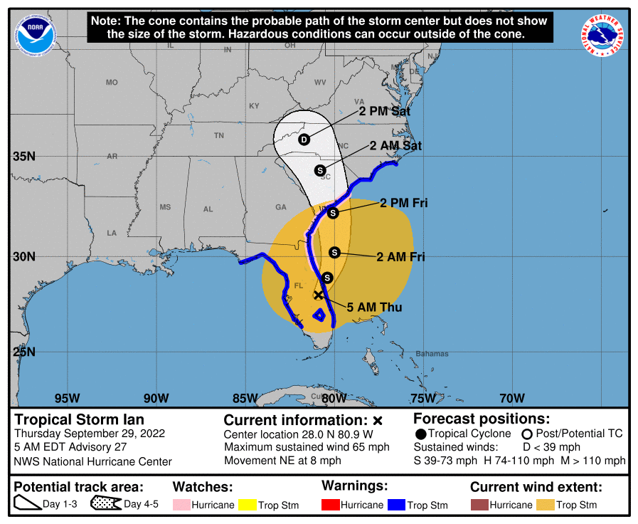 Tropical Storm Ian is bringing devastating flooding to the west coast of Florida after making landfall south of Tampa as a Category 4 hurricane on Wednesday. (Image courtesy of the National Hurricane Center)