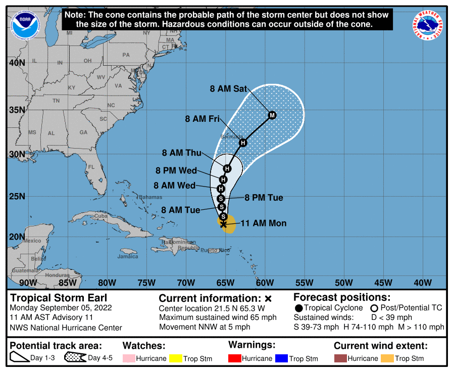 Tropical Storm Earl continues to bring heavy rain to parts of the U.S. Virgin Islands as it moves slowly north and away from the territory. (Image courtesy of the National Hurricane Center)