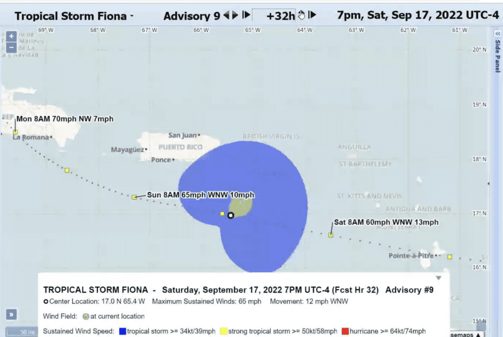 Tropical Storm Fiona is forecast to bring heavy rain and strong winds to the territory, with the first bands arriving Saturday morning. (Image courtesy of the National Weather Service)