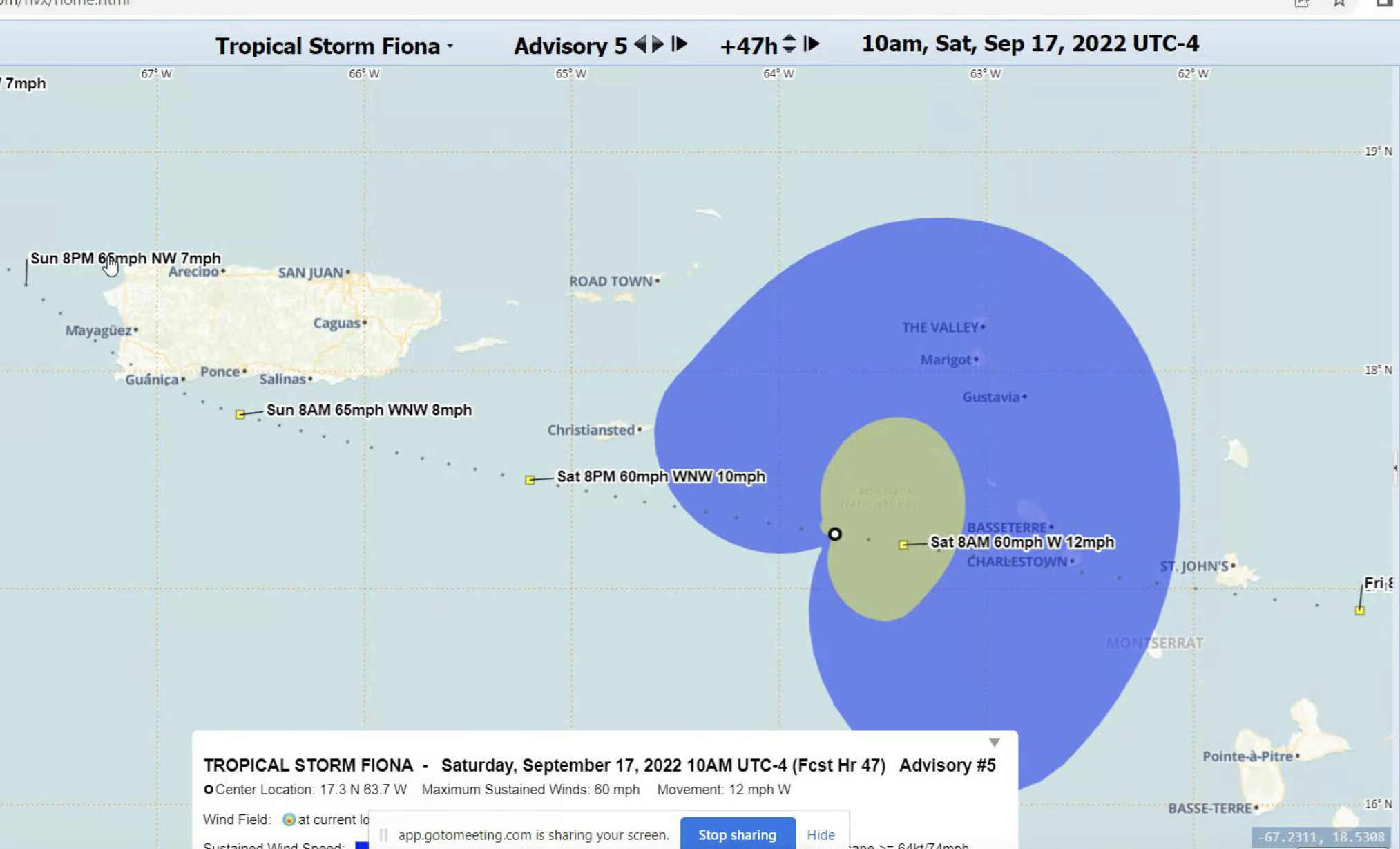 This graphic from the National Weather Service in San Juan, Puerto Rico, shows the expected arrival time of winds and rain associated with Tropical Storm Fiona, which is expected to pass just south of St. Croix on Saturday. (Image courtesy of the National Weather Service)
