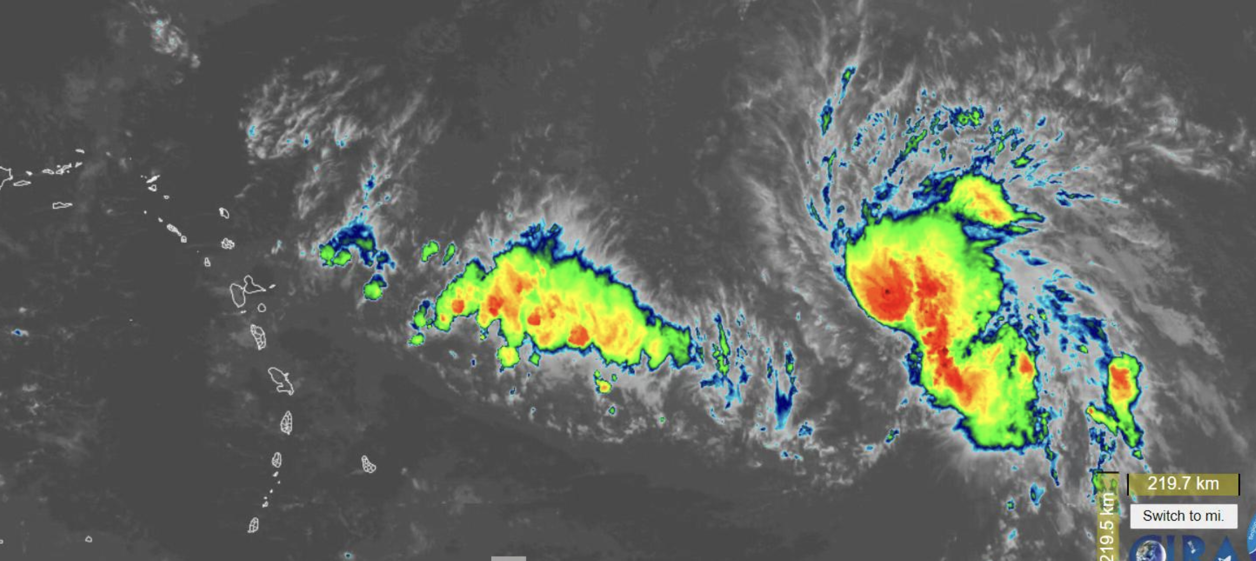 A tropical wave, to the left above, will bring rain to the territory starting Thursday, followed by Tropical Depression 7, which is expected to impact the U.S. Virgin Islands starting Friday night. (Image courtesy of NOAA)