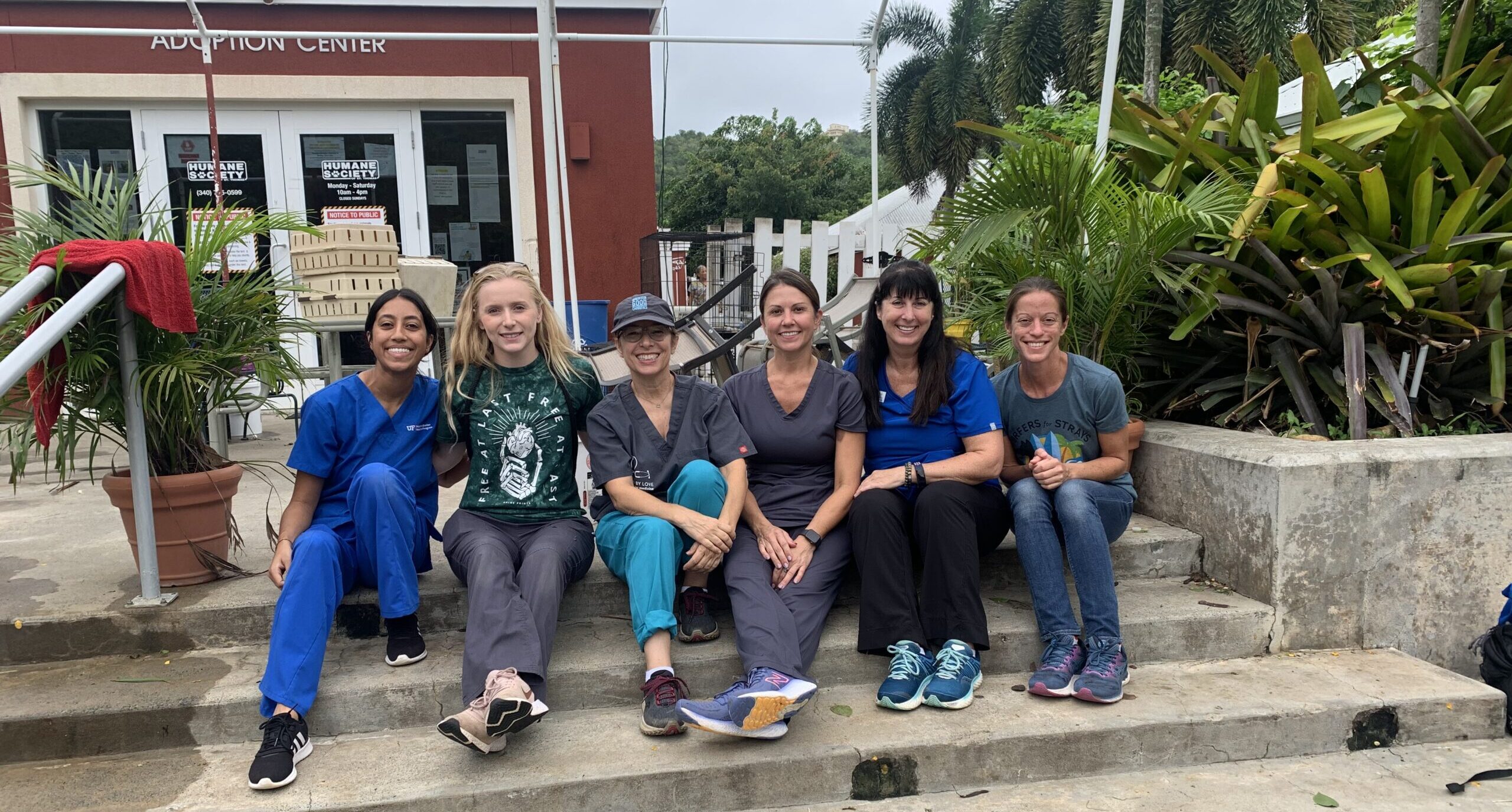 The Team, from left, Dr. Avnee Mistry, Nora Davern, Dr. Sara Pizano, Dr. Kim Sanders, Cameron Moore, and Dr. Andrea Peda. Not pictured is Dr. Hannah Coenen, who had to cut her trip short due to an emergency. (Photo courtesy of the Humane Society of St. Thomas)