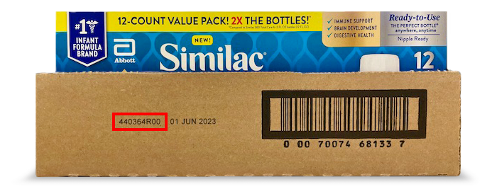 Lot numbers also may be found on the outer case of formula packaging. (Image courtesy of Abbott)