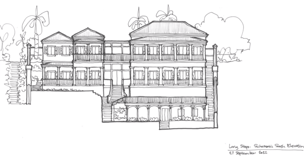 The schematic drawing of the Dudley House elevation. 