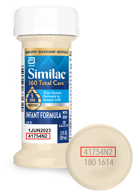 The photo shows where to find the lot number on individual formula bottles. (Photo Courtesy of Abbott)