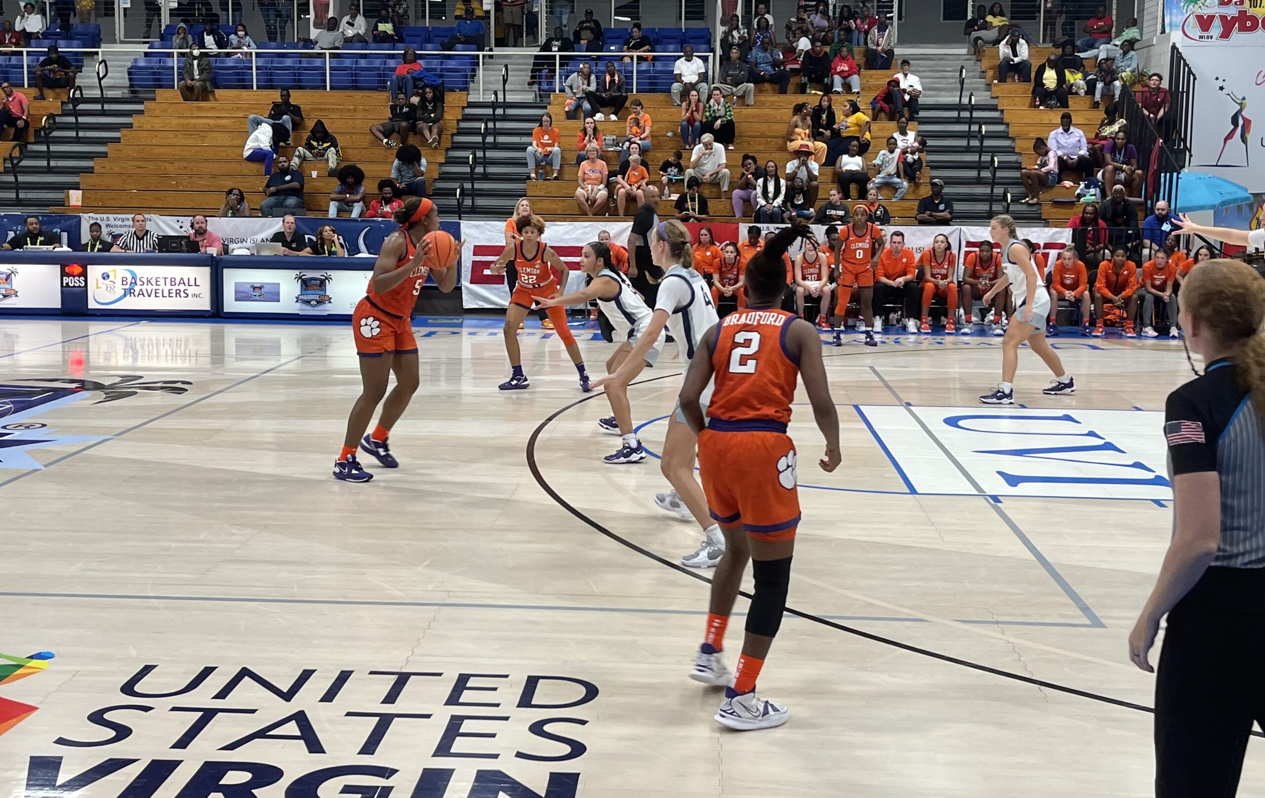 Kansas plays Clemson in the first day of the Paradise Jam women's tournament Thursday at the Elridge Blake Sports and Fitness Center at the University of the Virgin Islands on St. Thomas. (Source photo by Hunter Simpson)