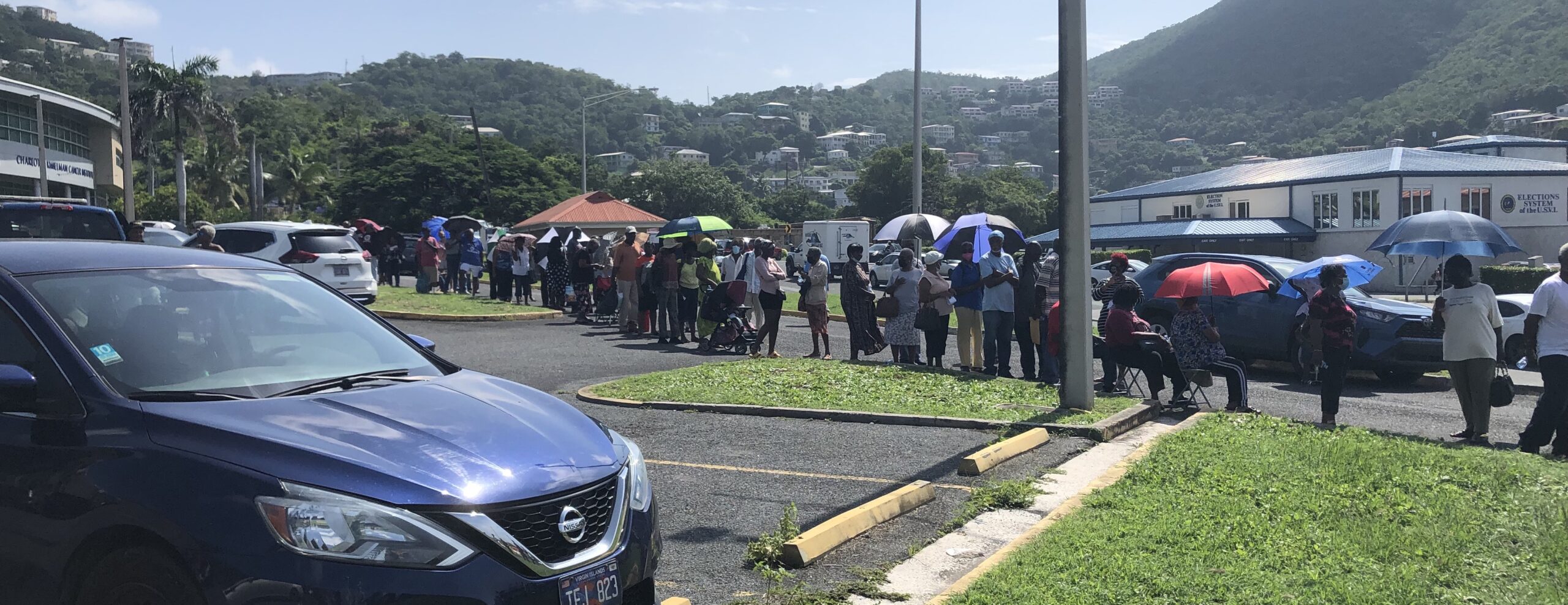 The line of senior citizens awaiting Social Security stipend checks snaked through the parking lot Wednesday at Schneider Regional Medical Center. (Source photo by Sian Cobb)