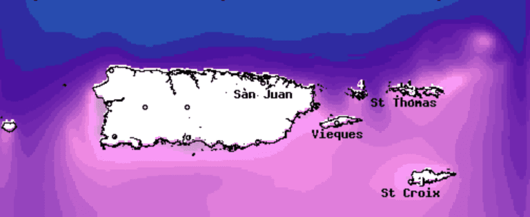 The wave height forecast for 8 p.m. AST on Friday. This weekend, seas may reach between 6 and 10 feet, and there is a high chance for powerful rip currents, at the north-facing beaches of the U.S. Virgin Islands and Puerto Rico. (Image courtesy National Weather Service, San Juan)