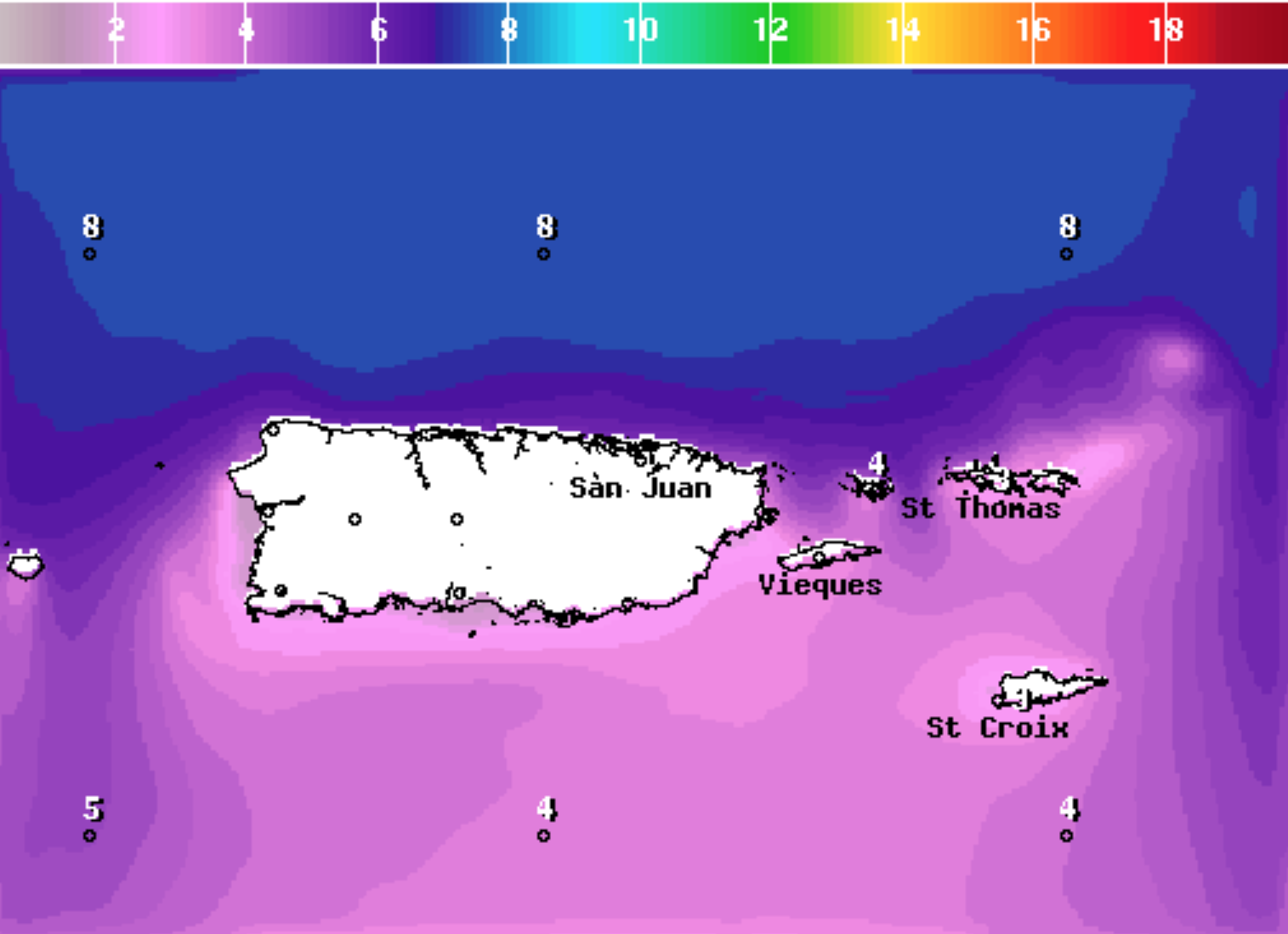 Wave height forecast for 8:00 p.m. AST on Friday. This weekend, seas may reach between 6 and 10 feet, and there is a high chance for powerful rip currents, at the northern-facing beaches. (Image from National Weather Service, San Juan, PR official website.)