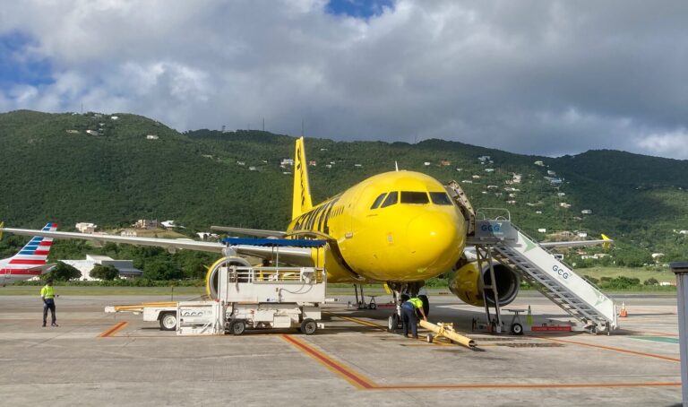 A Spirit Airlines airplane in November at the Cyril E King Airport on St. Thomas. (Source photo by Mat Probasco)