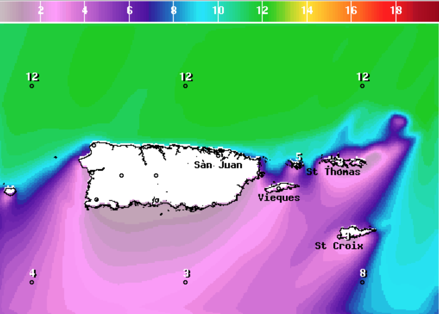 The wave height forecast for 8 a.m. AST on Friday. Marine conditions will be hazardous this weekend and into early next week. (Image courtesy National Weather Service, San Juan)