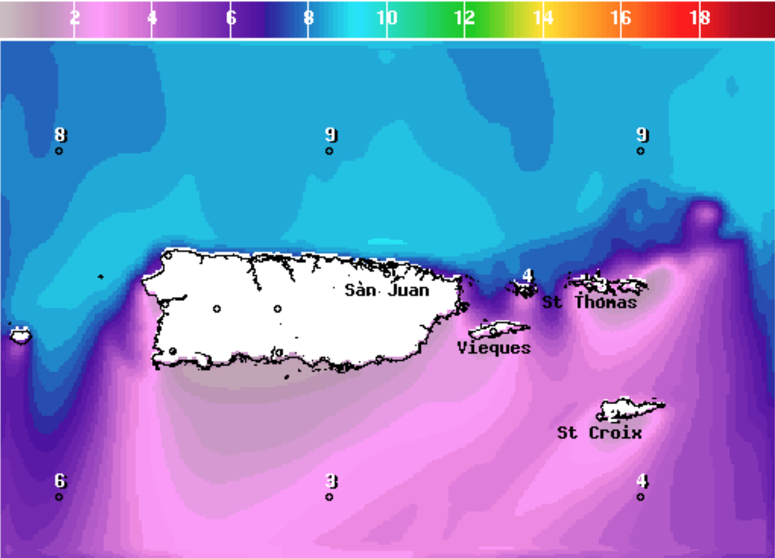 Wave height forecast for 8 p.m. AST on Monday. Marine conditions will be hazardous throughout this week. (Image courtesy National Weather Service, San Juan)
