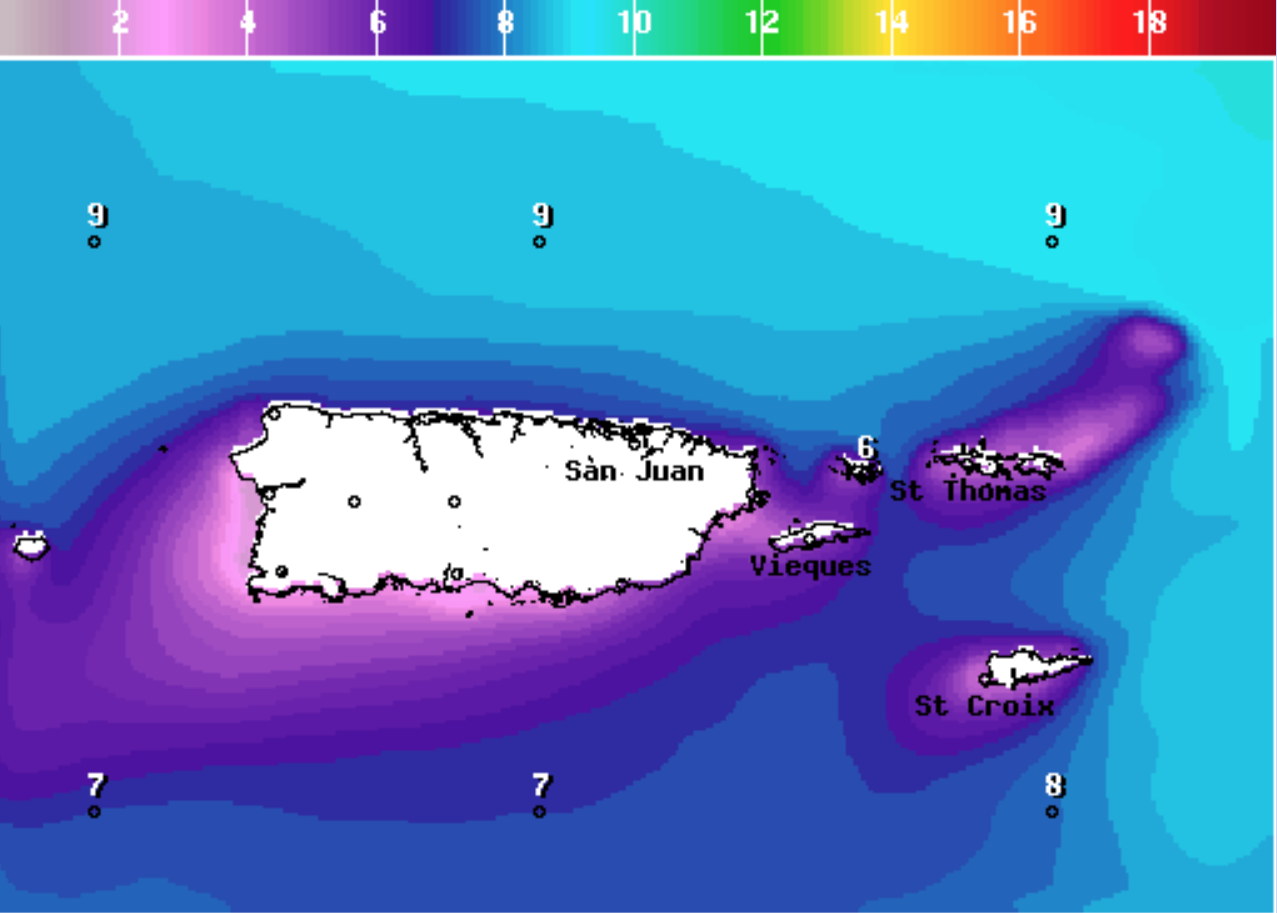 The NWS wave height forecast for 2 a.m. AST on Friday, Feb. 17, from the National Weather Service in San Juan, Puerto Rico. Marine alerts have been issued due to the arrival of a powerful northerly swell. (Image from National Weather Service, San Juan)