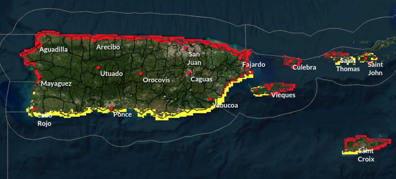 “Rip Current Risk” graphic for Puerto Rico and the USVI for this Friday and Friday night. Areas in red indicate a “high risk” area for powerful rip currents. (Photo courtesy of the NWS in San Juan, Puerto Rico.)