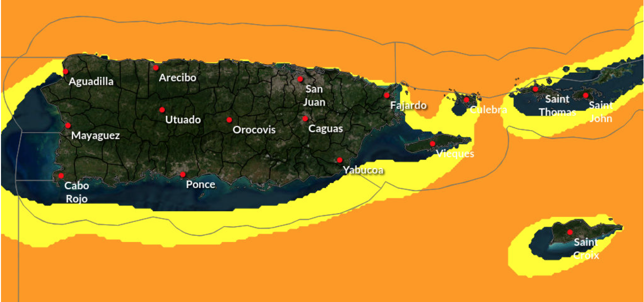 “Marine Hazard Risk” graphic for Puerto Rico and the USVI for this Friday and Friday night. Areas in orange indicate an elevated risk of hazardous marine conditions for small craft. (Photo courtesy of the NWS in San Juan, Puerto Rico.)