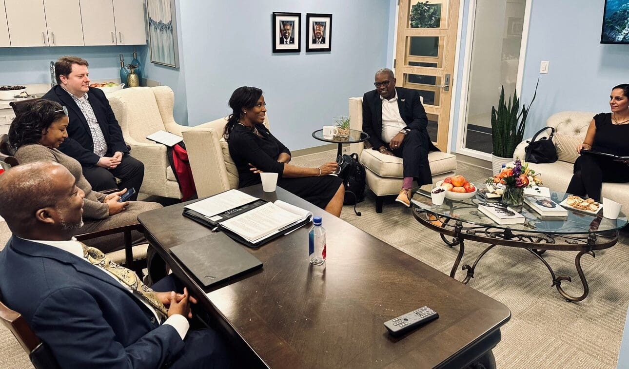 V.I. Delegate to Congress Stacey Plaskett and Gov. Albert Bryan Jr. and members of his staff meet at her office in Washington, D.C., on Tuesday. Bryan is in the nation's capital for the winter meeting of the Association of Governors and to testify before a Senate subcommittee. (Photo courtesy Delegate to Congress Stacey Plaskett)