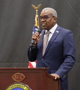 Gov. Albert Bryan Jr. addresses the 2023 Spring Revenue Estimating Conference on Tuesday at the University of the Virgin Islands on St. Thomas. (Photo courtesy Government House)
