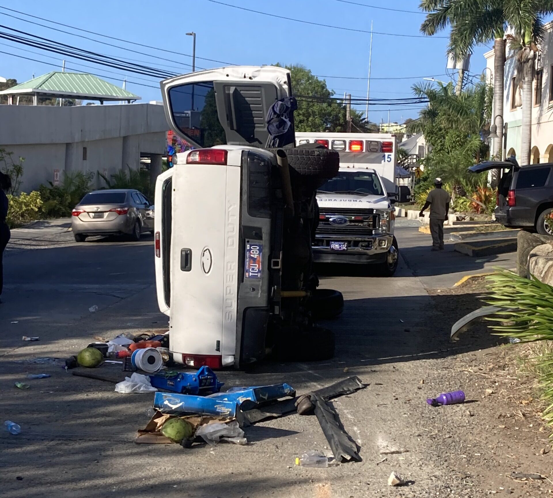 A truck sits on its side after a single-vehicle accident Tuesday morning in Red Hook on St. Thomas. (Submitted photo)