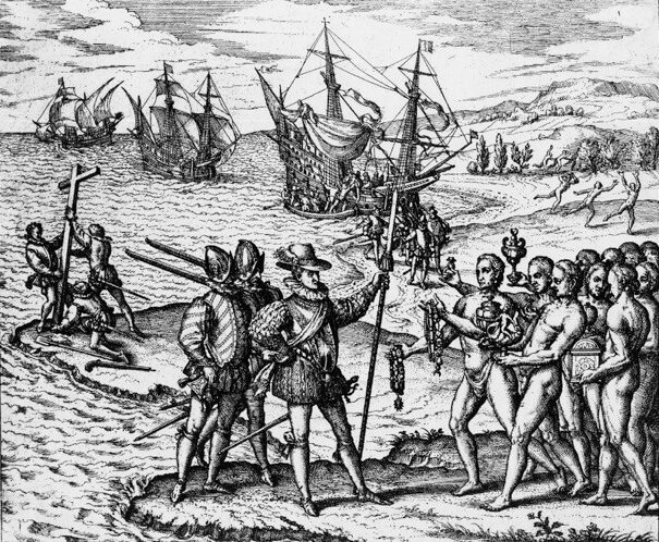 An engraving by Theodor de Bry depicting Christopher Columbus landing on Hispaniola on December 6,1492. ( Theodor de Bry/Library of Congress)