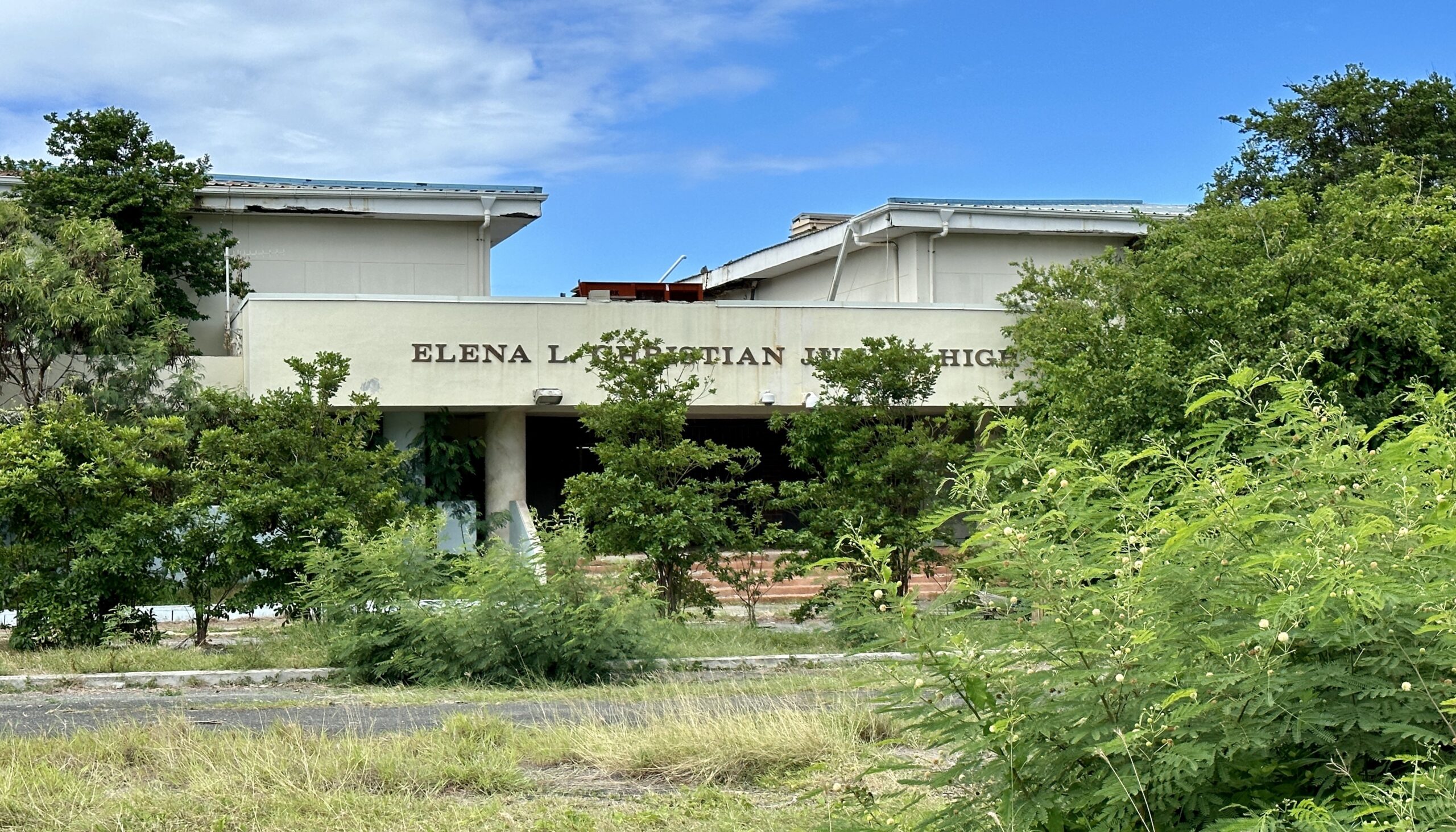 Elena L. Christian Junior High School on St. Croix was closed in 2014 due to longstanding environmental and structural issues and never reopened. It is in a primarily residential neighborhood. The photo reflects the condition on Aug. 4. (Source Photo by Linda Morland)