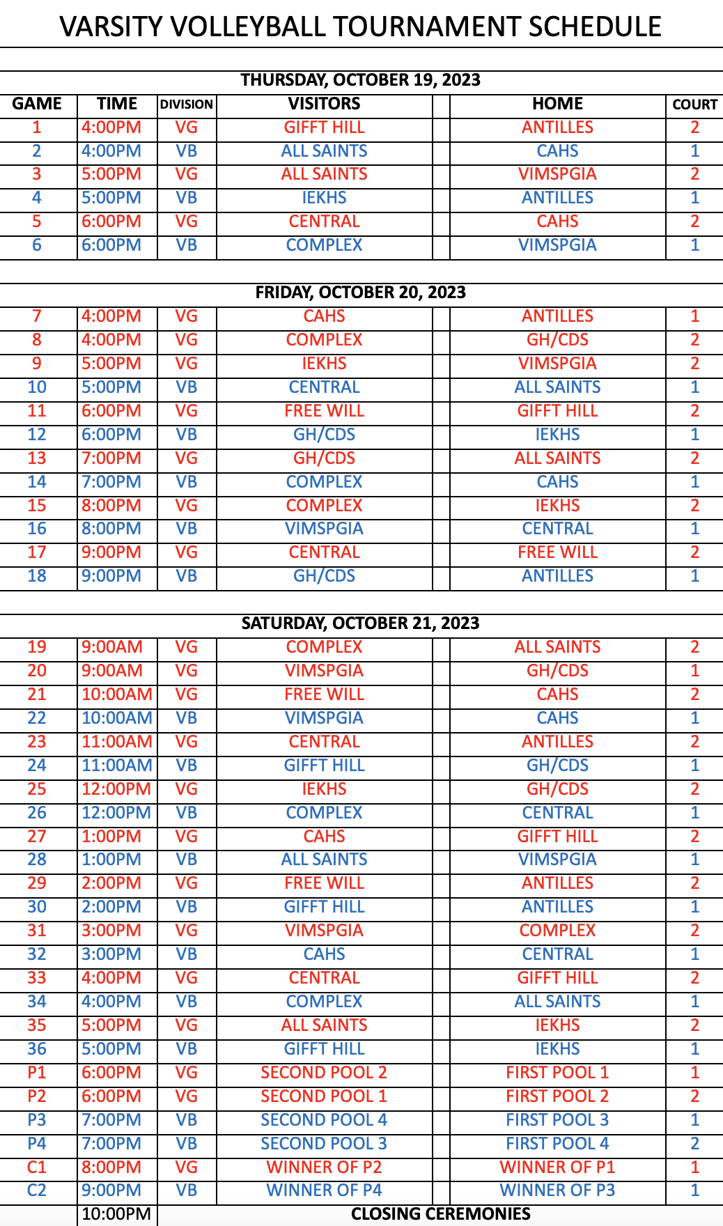 The 2023 Antilles School Varsity Volleyball Tournament schedule.