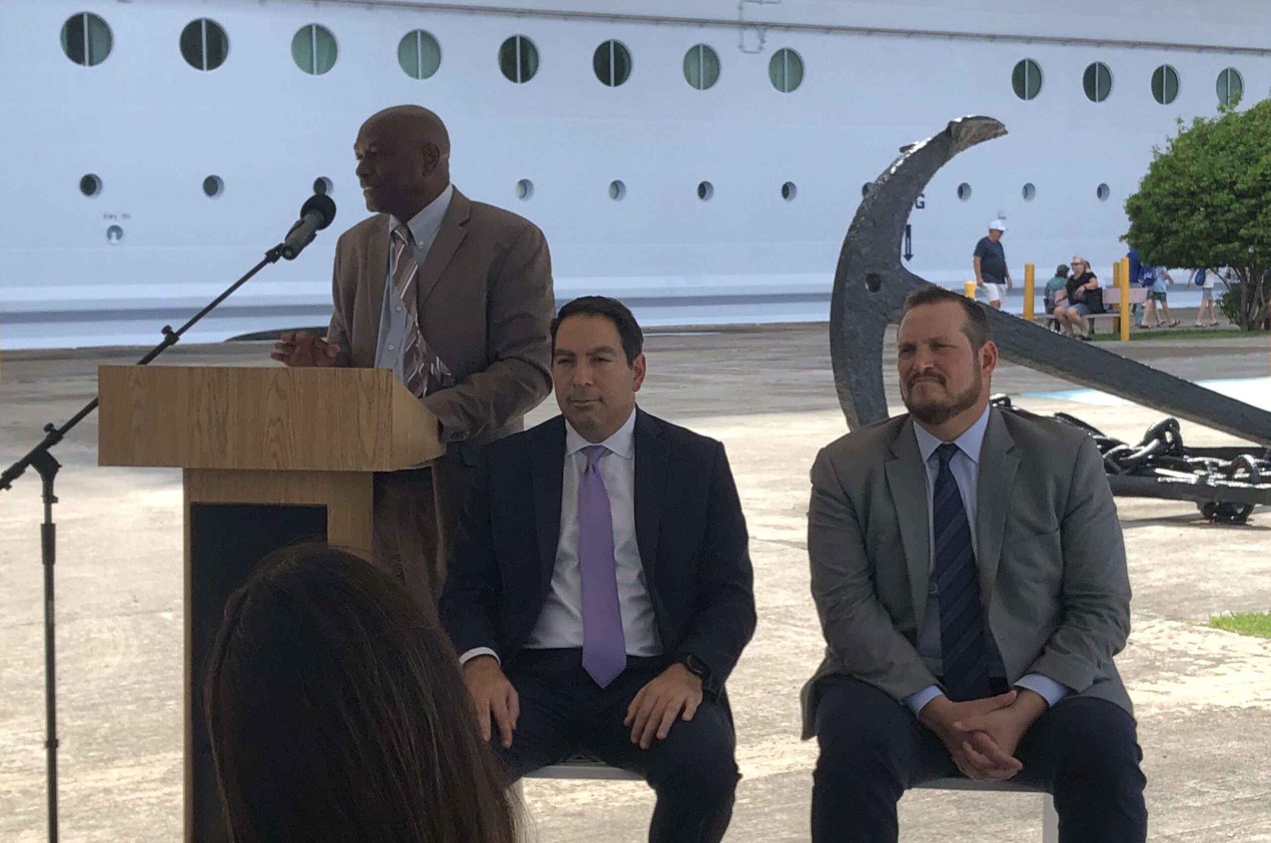 V.I. Port Authority Executive Director Carlton Dowe, left, is joined by Cruise Terminals International CEO Khaled Naja, center, and Royal Caribbean Group VP of Destination Development Joshua Carroll Wednesday at the Austin "Babe" Monsanto Marine Terminal in Crown Bay to announce a $250 million expansion of the facility. (Source photo by Sian Cobb)