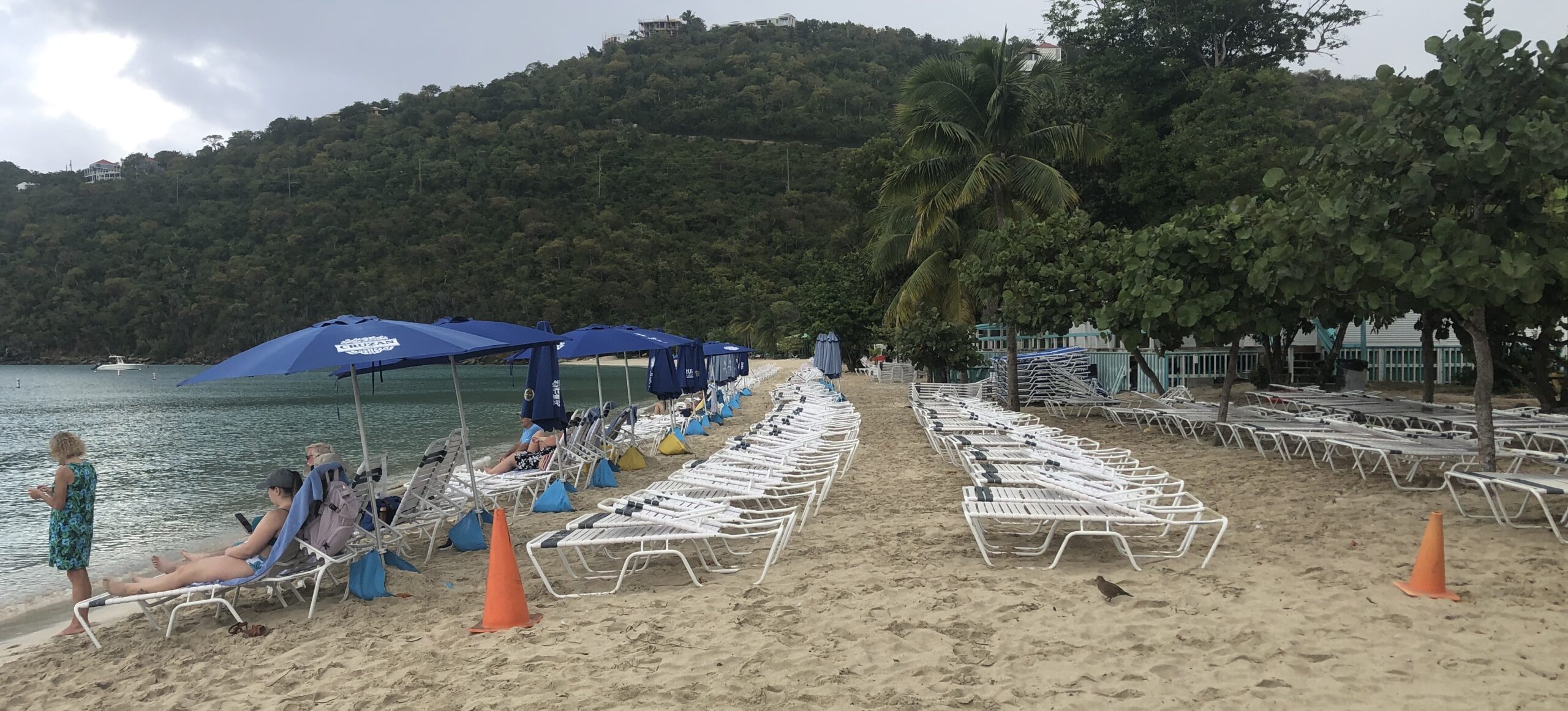 Lounge chairs line the beach near the food concession at Magens Bay beach on Saturday, awaiting the day's cruise ship passengers. (Source photo by Sian Cobb)