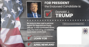 A mailer this week to V.I. GOP members, paid for by โthe Conservative Battleground Fund,โ endorses former President Donald Trump, and John Yob and Newland for national committeeman and committeewoman.