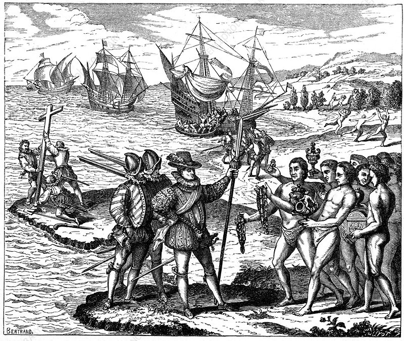 A confrontation between the Spanish and Kalingago”Island Caribs” on St. Croix resulted in the injury and death of several Kalinagos and Europeans. It was a Kalinago woman that shot the first arrow, hitting one or three of Columbus’s men. (Engraving by Theodor de Bry)